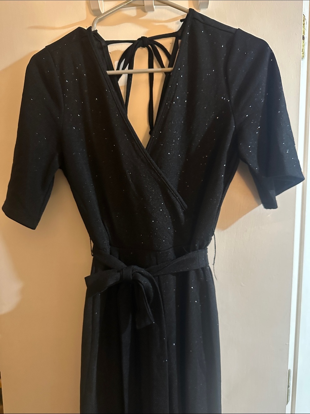Black Sparkle Tie Floor Length Jumpsuit with Tie Waist